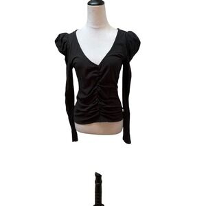 Z Supply Black Long Sleeve Top Ruched V Neck Blouse Puff Sleeve Fitted S
